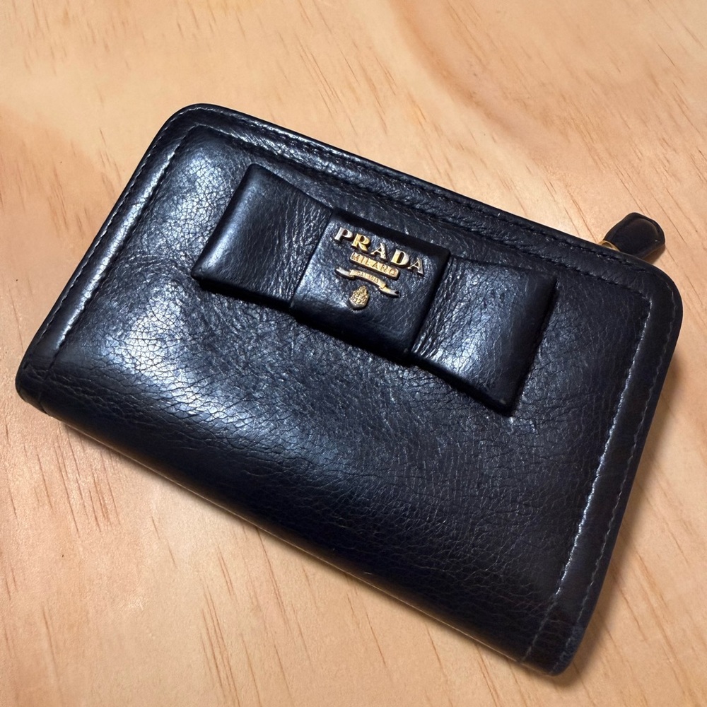 Prada Black Leather Card Holder with Bow